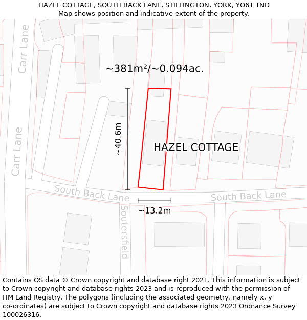 HAZEL COTTAGE, SOUTH BACK LANE, STILLINGTON, YORK, YO61 1ND: Plot and title map