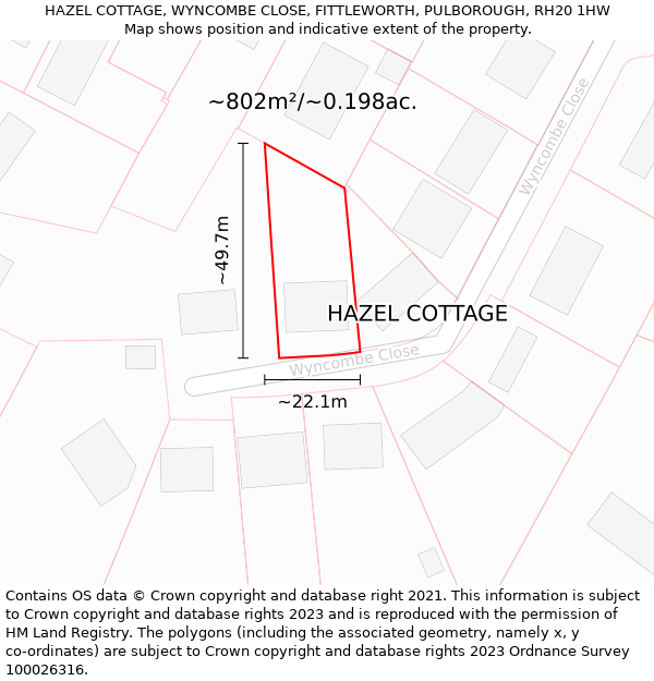 HAZEL COTTAGE, WYNCOMBE CLOSE, FITTLEWORTH, PULBOROUGH, RH20 1HW: Plot and title map