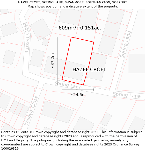 HAZEL CROFT, SPRING LANE, SWANMORE, SOUTHAMPTON, SO32 2PT: Plot and title map