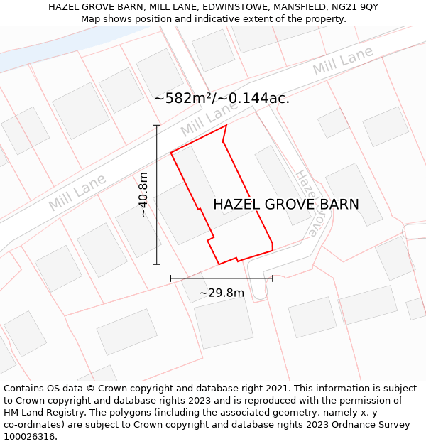 HAZEL GROVE BARN, MILL LANE, EDWINSTOWE, MANSFIELD, NG21 9QY: Plot and title map