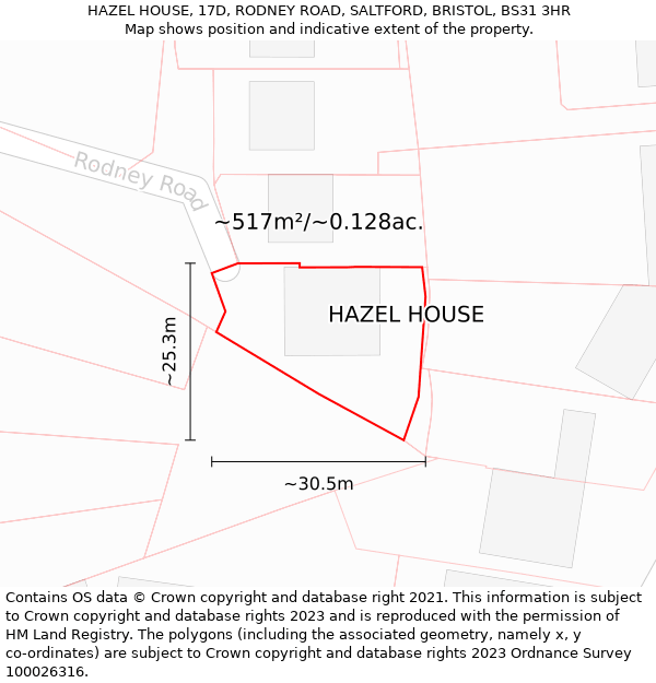 HAZEL HOUSE, 17D, RODNEY ROAD, SALTFORD, BRISTOL, BS31 3HR: Plot and title map