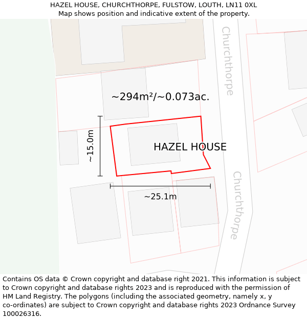 HAZEL HOUSE, CHURCHTHORPE, FULSTOW, LOUTH, LN11 0XL: Plot and title map