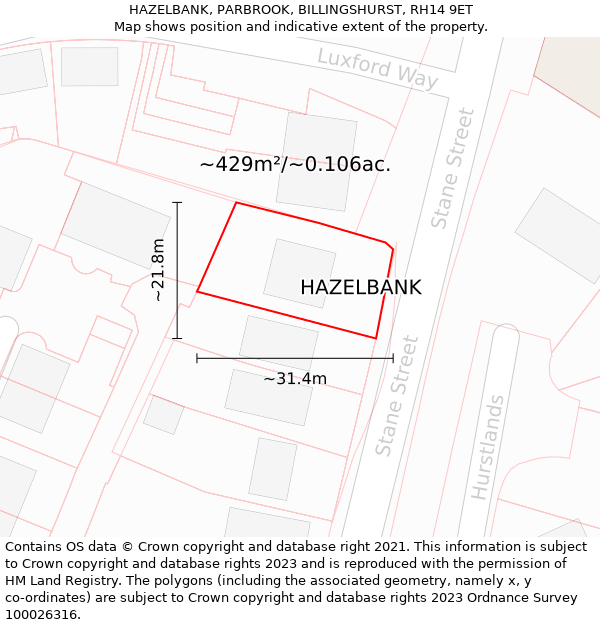 HAZELBANK, PARBROOK, BILLINGSHURST, RH14 9ET: Plot and title map