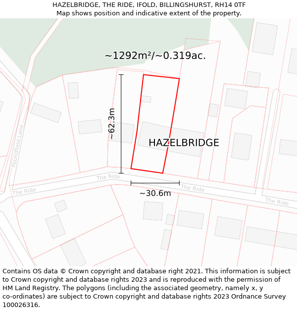 HAZELBRIDGE, THE RIDE, IFOLD, BILLINGSHURST, RH14 0TF: Plot and title map