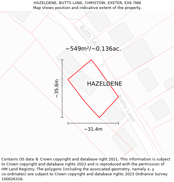 HAZELDENE, BUTTS LANE, CHRISTOW, EXETER, EX6 7NN: Plot and title map