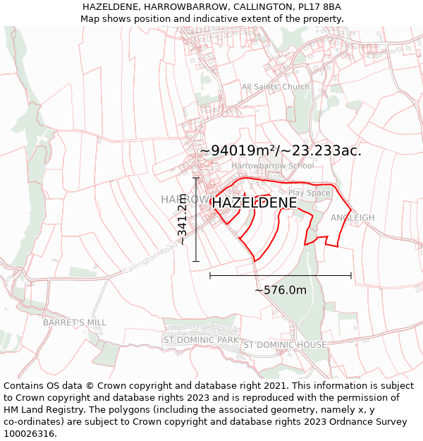HAZELDENE, HARROWBARROW, CALLINGTON, PL17 8BA: Plot and title map