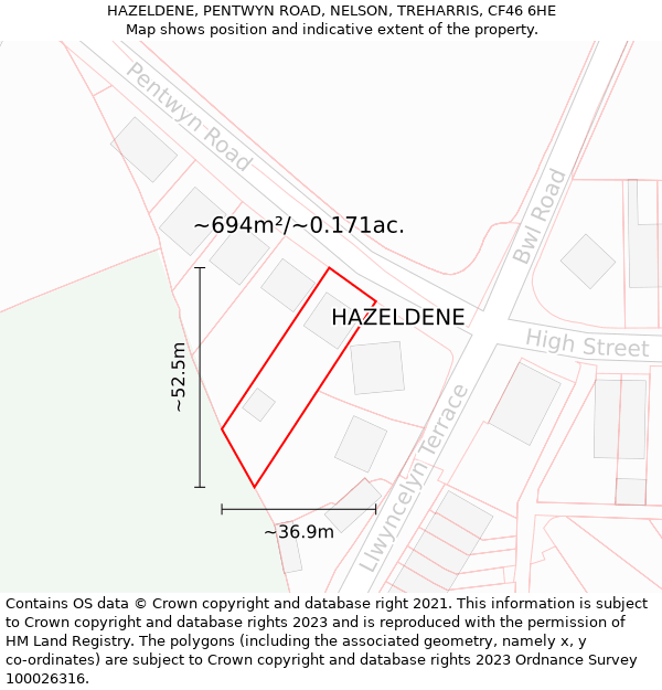 HAZELDENE, PENTWYN ROAD, NELSON, TREHARRIS, CF46 6HE: Plot and title map