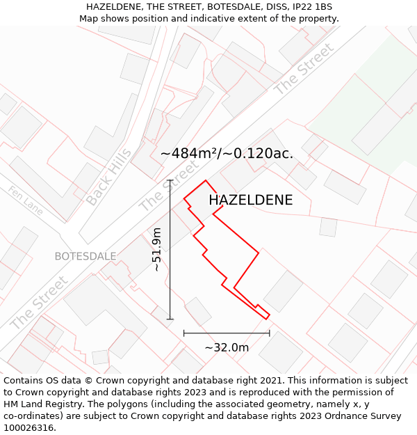 HAZELDENE, THE STREET, BOTESDALE, DISS, IP22 1BS: Plot and title map