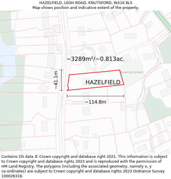 HAZELFIELD, LEGH ROAD, KNUTSFORD, WA16 8LS: Plot and title map