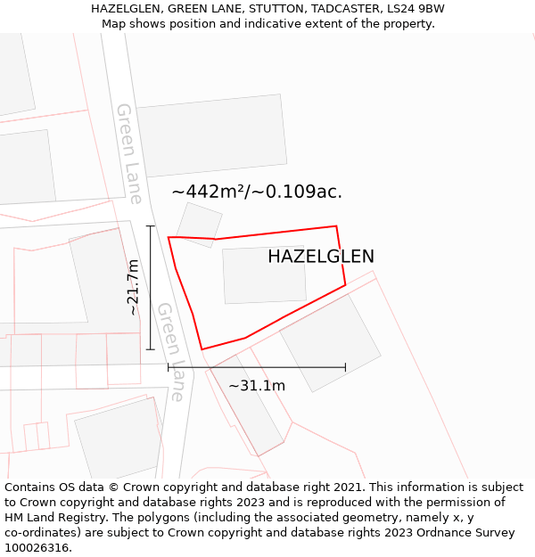 HAZELGLEN, GREEN LANE, STUTTON, TADCASTER, LS24 9BW: Plot and title map