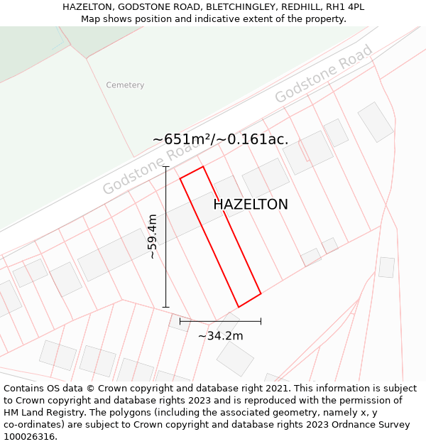 HAZELTON, GODSTONE ROAD, BLETCHINGLEY, REDHILL, RH1 4PL: Plot and title map