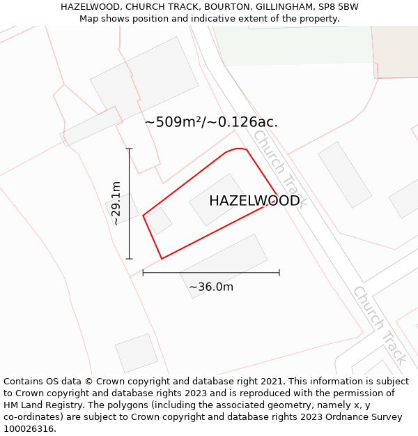 HAZELWOOD, CHURCH TRACK, BOURTON, GILLINGHAM, SP8 5BW: Plot and title map