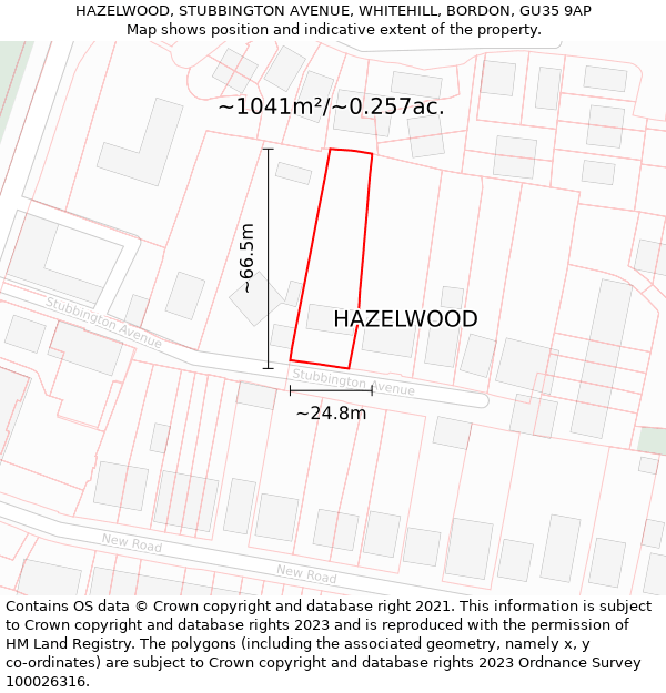 HAZELWOOD, STUBBINGTON AVENUE, WHITEHILL, BORDON, GU35 9AP: Plot and title map