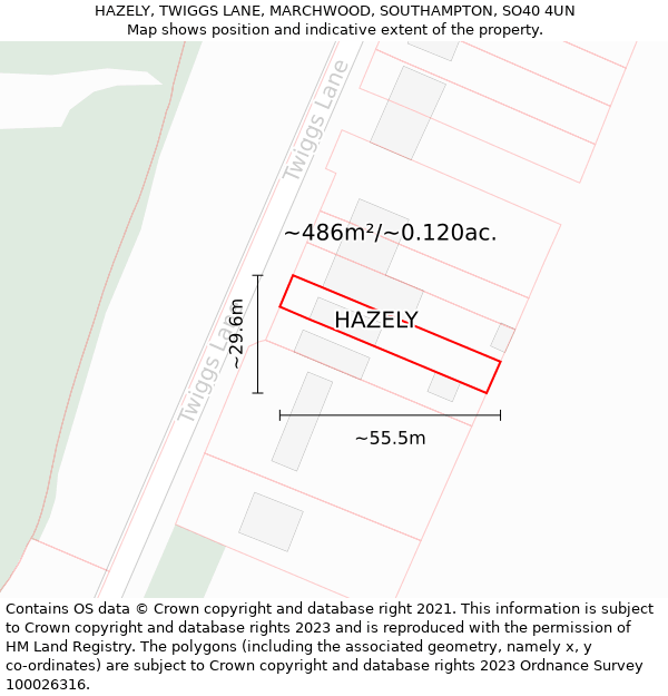 HAZELY, TWIGGS LANE, MARCHWOOD, SOUTHAMPTON, SO40 4UN: Plot and title map
