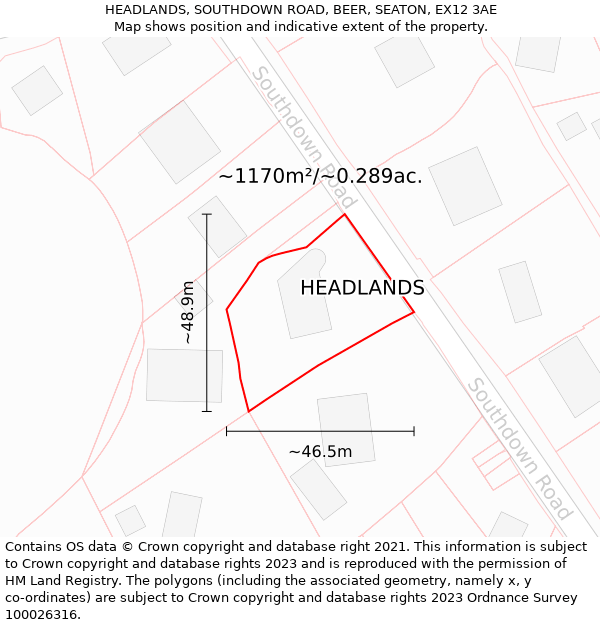 HEADLANDS, SOUTHDOWN ROAD, BEER, SEATON, EX12 3AE: Plot and title map