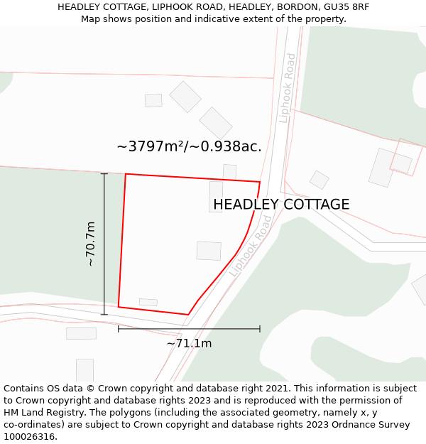 HEADLEY COTTAGE, LIPHOOK ROAD, HEADLEY, BORDON, GU35 8RF: Plot and title map