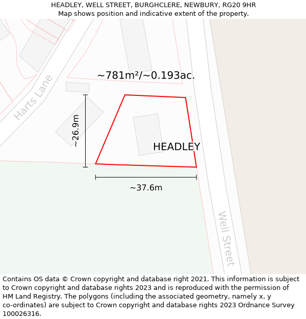 HEADLEY, WELL STREET, BURGHCLERE, NEWBURY, RG20 9HR: Plot and title map