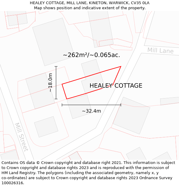 HEALEY COTTAGE, MILL LANE, KINETON, WARWICK, CV35 0LA: Plot and title map