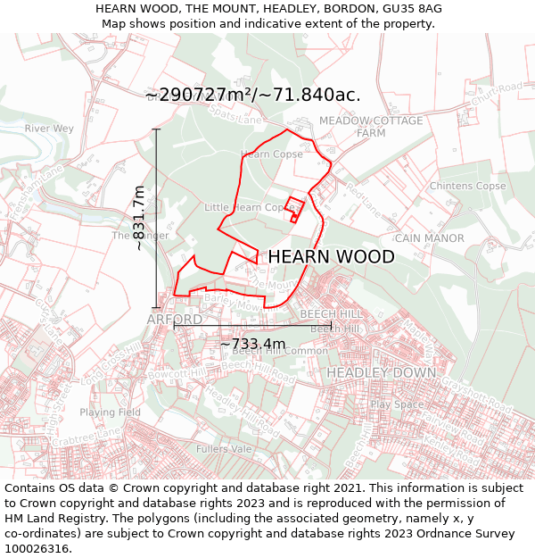 HEARN WOOD, THE MOUNT, HEADLEY, BORDON, GU35 8AG: Plot and title map