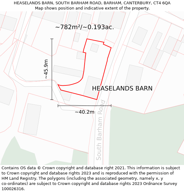 HEASELANDS BARN, SOUTH BARHAM ROAD, BARHAM, CANTERBURY, CT4 6QA: Plot and title map