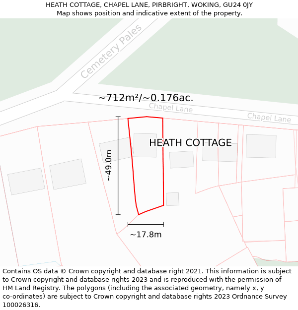 HEATH COTTAGE, CHAPEL LANE, PIRBRIGHT, WOKING, GU24 0JY: Plot and title map