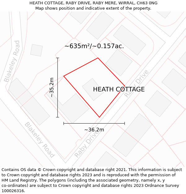 HEATH COTTAGE, RABY DRIVE, RABY MERE, WIRRAL, CH63 0NG: Plot and title map