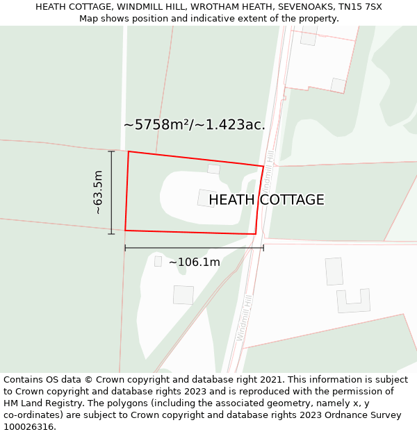 HEATH COTTAGE, WINDMILL HILL, WROTHAM HEATH, SEVENOAKS, TN15 7SX: Plot and title map