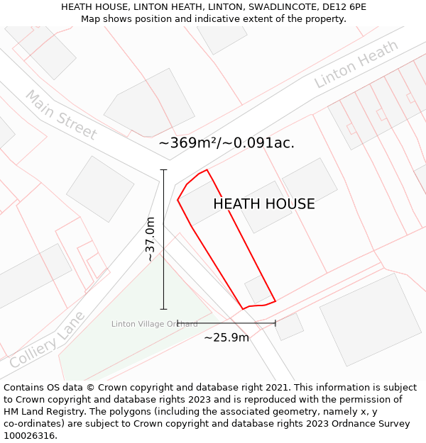 HEATH HOUSE, LINTON HEATH, LINTON, SWADLINCOTE, DE12 6PE: Plot and title map