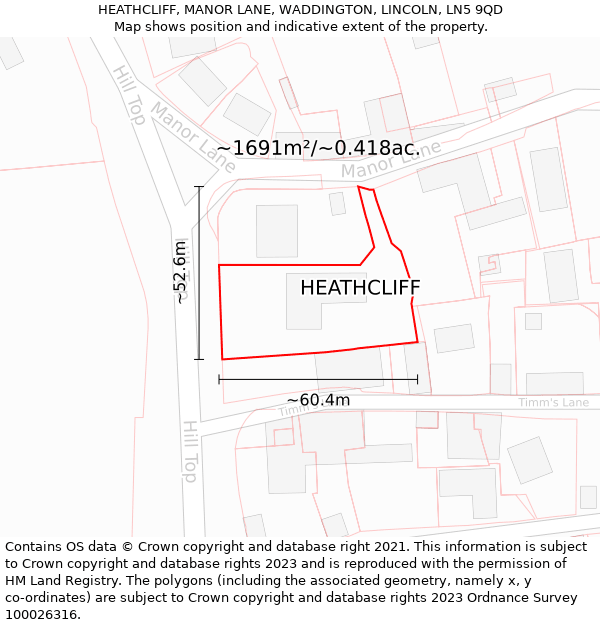 HEATHCLIFF, MANOR LANE, WADDINGTON, LINCOLN, LN5 9QD: Plot and title map