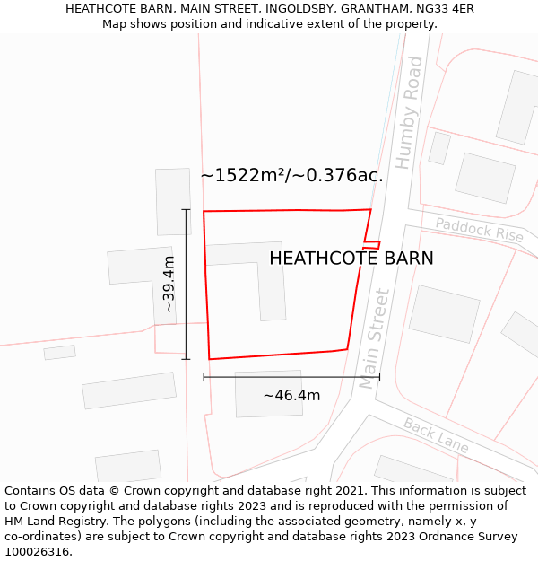 HEATHCOTE BARN, MAIN STREET, INGOLDSBY, GRANTHAM, NG33 4ER: Plot and title map