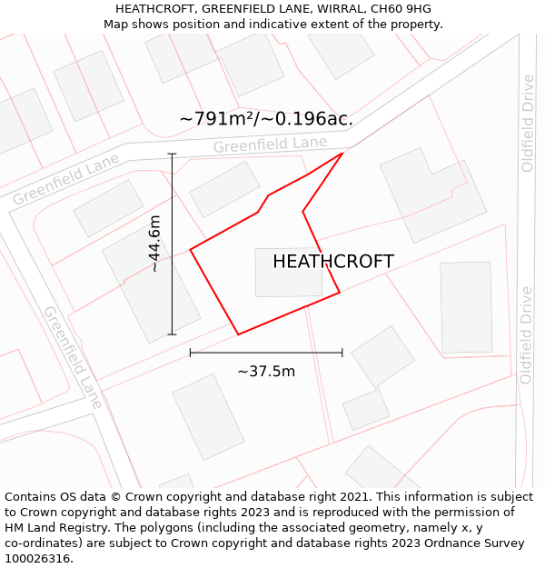 HEATHCROFT, GREENFIELD LANE, WIRRAL, CH60 9HG: Plot and title map