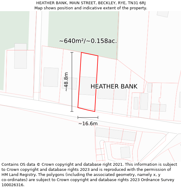 HEATHER BANK, MAIN STREET, BECKLEY, RYE, TN31 6RJ: Plot and title map