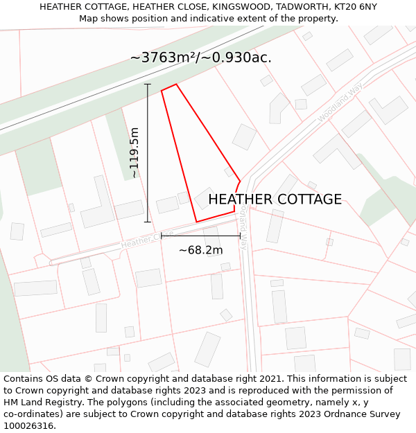 HEATHER COTTAGE, HEATHER CLOSE, KINGSWOOD, TADWORTH, KT20 6NY: Plot and title map