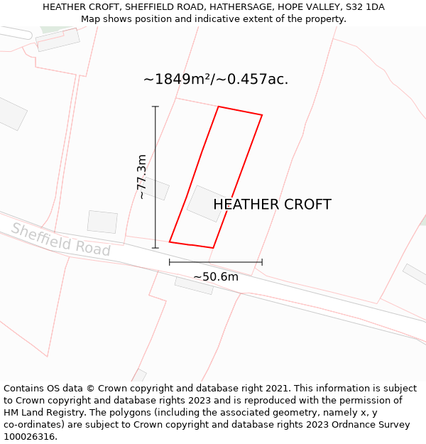 HEATHER CROFT, SHEFFIELD ROAD, HATHERSAGE, HOPE VALLEY, S32 1DA: Plot and title map