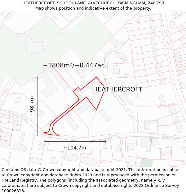 HEATHERCROFT, SCHOOL LANE, ALVECHURCH, BIRMINGHAM, B48 7SB: Plot and title map