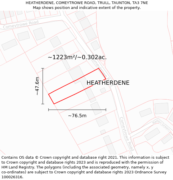 HEATHERDENE, COMEYTROWE ROAD, TRULL, TAUNTON, TA3 7NE: Plot and title map