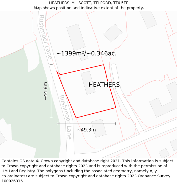 HEATHERS, ALLSCOTT, TELFORD, TF6 5EE: Plot and title map