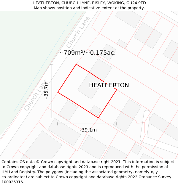 HEATHERTON, CHURCH LANE, BISLEY, WOKING, GU24 9ED: Plot and title map