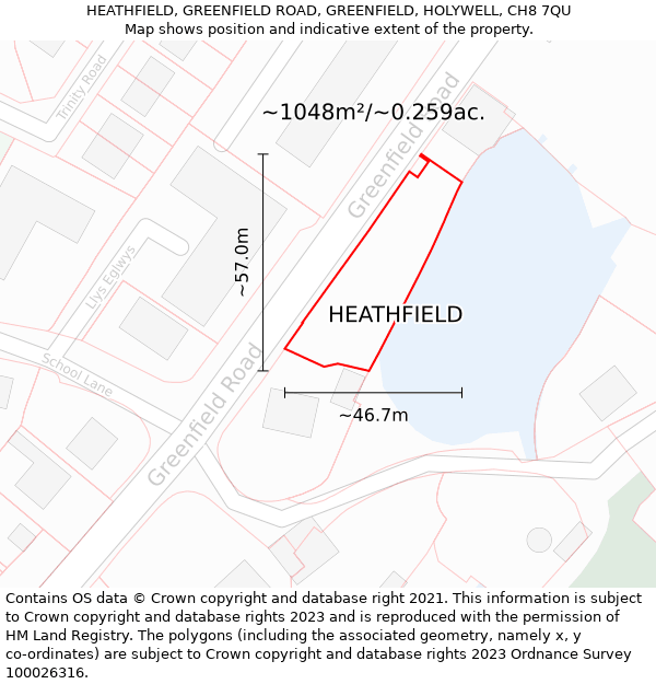 HEATHFIELD, GREENFIELD ROAD, GREENFIELD, HOLYWELL, CH8 7QU: Plot and title map