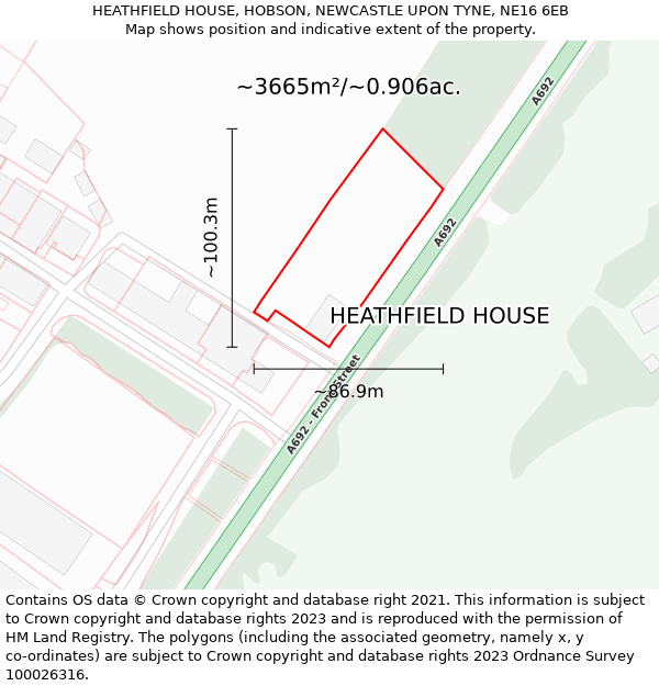 HEATHFIELD HOUSE, HOBSON, NEWCASTLE UPON TYNE, NE16 6EB: Plot and title map