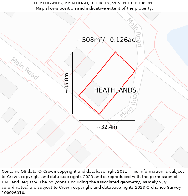 HEATHLANDS, MAIN ROAD, ROOKLEY, VENTNOR, PO38 3NF: Plot and title map