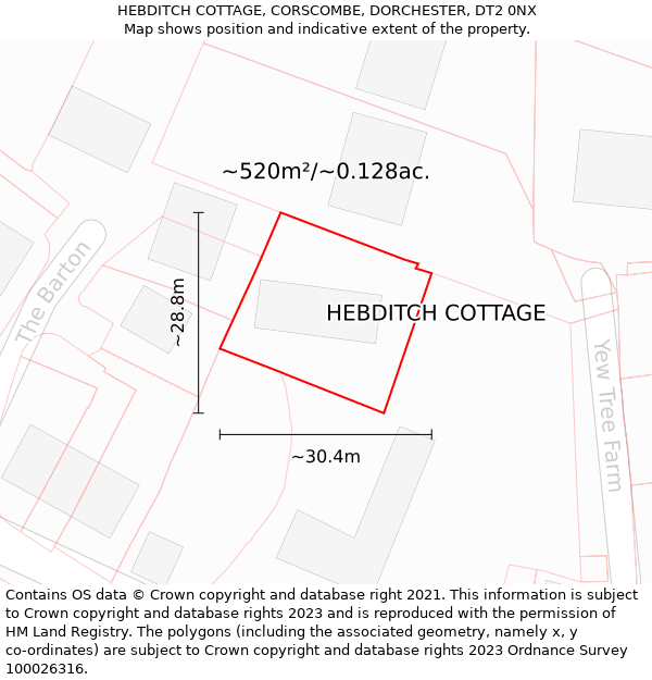 HEBDITCH COTTAGE, CORSCOMBE, DORCHESTER, DT2 0NX: Plot and title map