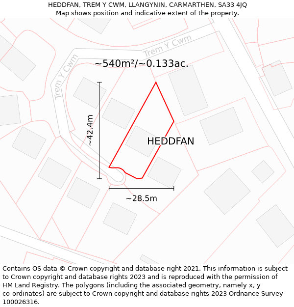 HEDDFAN, TREM Y CWM, LLANGYNIN, CARMARTHEN, SA33 4JQ: Plot and title map