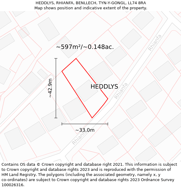 HEDDLYS, RHIANFA, BENLLECH, TYN-Y-GONGL, LL74 8RA: Plot and title map