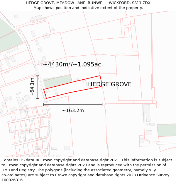 HEDGE GROVE, MEADOW LANE, RUNWELL, WICKFORD, SS11 7DX: Plot and title map