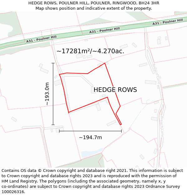HEDGE ROWS, POULNER HILL, POULNER, RINGWOOD, BH24 3HR: Plot and title map