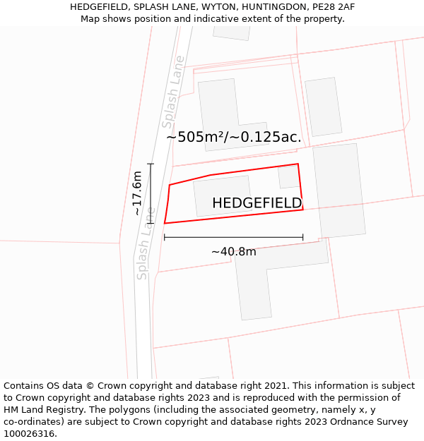 HEDGEFIELD, SPLASH LANE, WYTON, HUNTINGDON, PE28 2AF: Plot and title map