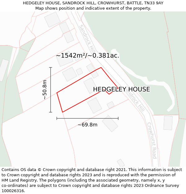 HEDGELEY HOUSE, SANDROCK HILL, CROWHURST, BATTLE, TN33 9AY: Plot and title map