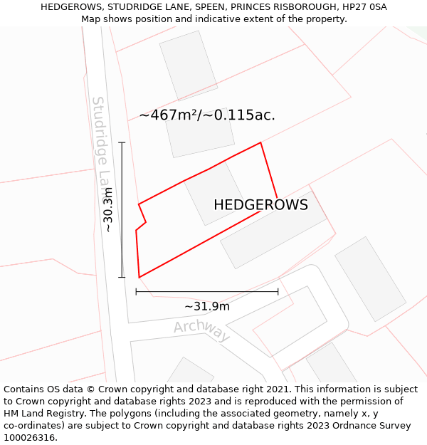 HEDGEROWS, STUDRIDGE LANE, SPEEN, PRINCES RISBOROUGH, HP27 0SA: Plot and title map