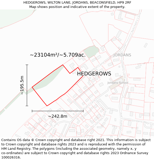 HEDGEROWS, WILTON LANE, JORDANS, BEACONSFIELD, HP9 2RF: Plot and title map